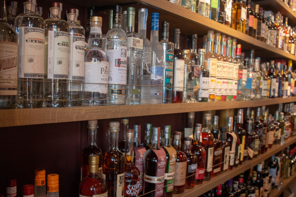 Shelves of liquor.